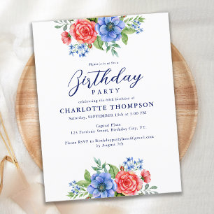 Patriottische Floral Red White Blue Birthday Party Uitnodiging Briefkaart
