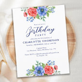 Patriottische Floral Red White Blue Birthday Party Uitnodiging Briefkaart