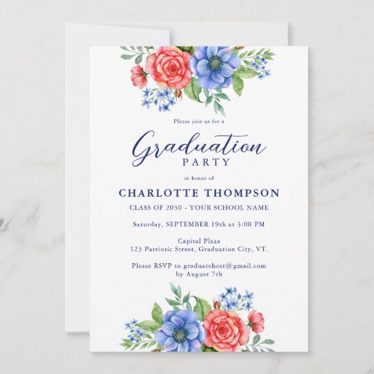 Patriottische Floral Red White Blue Graduparty Kaart (Voorkant)