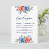 Patriottische Floral Red White Blue Graduparty Kaart (Staand voorkant)