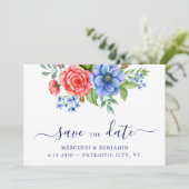 Patriottische Floral Red White Blue Juli 4de bruil Save The Date (Staand voorkant)