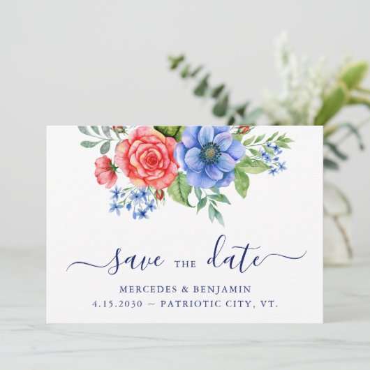 Patriottische Floral Red White Blue Juli 4de bruil Save The Date (Staand voorkant)