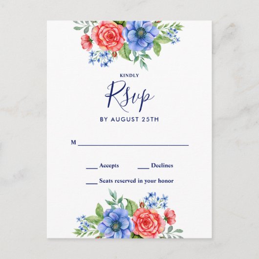 Patriottische Floral Red White Blue Weddenschap RS Uitnodiging Briefkaart (Voorkant)