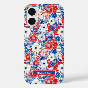 Patriottische gebloemde monogram iPhone 16 hoesje