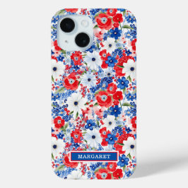 Patriottische gebloemde monogram iPhone 15 case