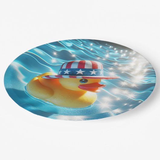 Patriottische gele rubberen eend in zwembad papieren bordje (Gekanteld)