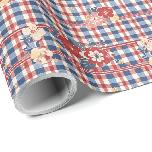 Patriottische Gingham met bloemenaccenten | Rood W Cadeaupapier (Rol Hoek)
