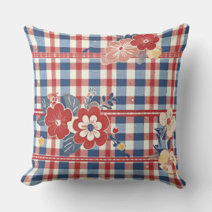 Patriottische Gingham met bloemenaccenten Rood W Kussen