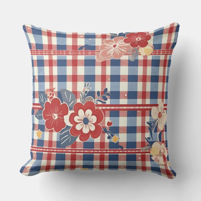 Patriottische Gingham met bloemenaccenten | Rood W Kussen (Voorkant)