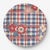 Patriottische Gingham met bloemenaccenten | Rood W Papieren Bordje (Voorkant)