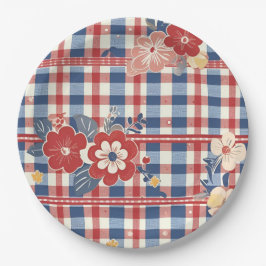 Patriottische Gingham met bloemenaccenten | Rood W Papieren Bordje