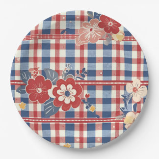Patriottische Gingham met bloemenaccenten | Rood W Papieren Bordje