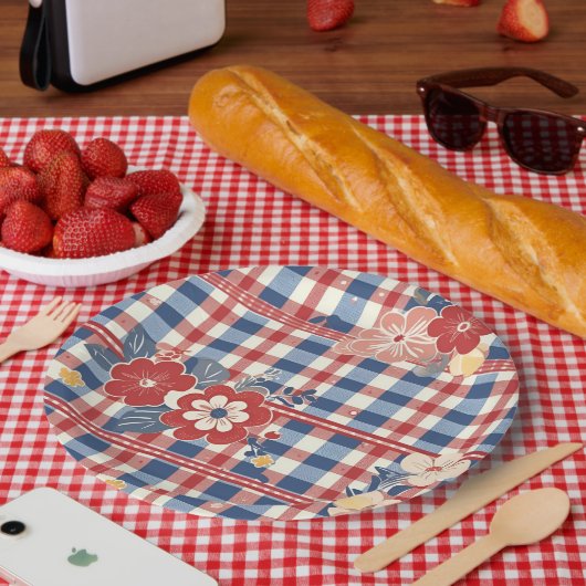 Patriottische Gingham met bloemenaccenten | Rood W Papieren Bordje (Picknick)