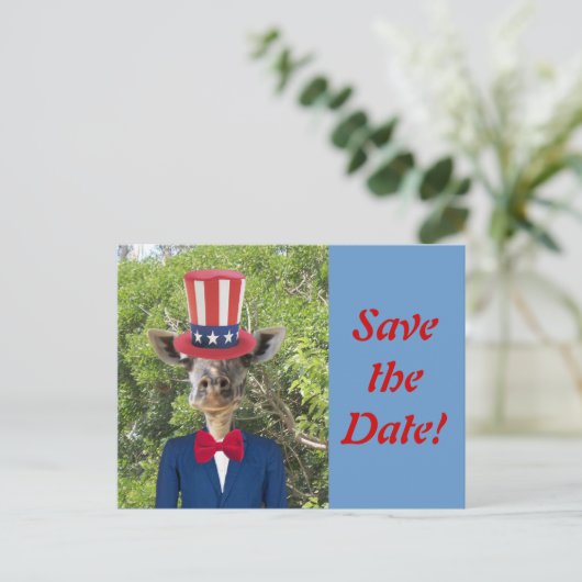 Patriottische Giraffe Save the Date Briefkaart (Staand voorkant)
