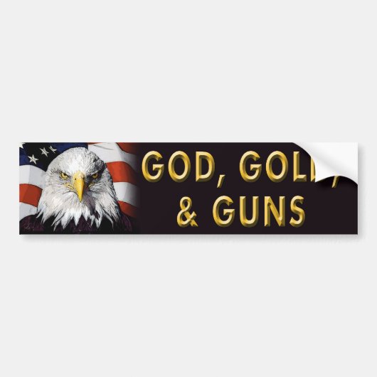 Patriottische "God, goud, Pistolen" bumpersticker (Voorkant)