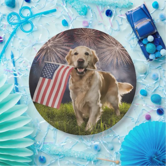 Patriottische Golden Retriever met vuurwerk Papieren Bordje (Feest)
