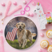 Patriottische Golden Retriever met vuurwerk Papieren Bordje (Feest)