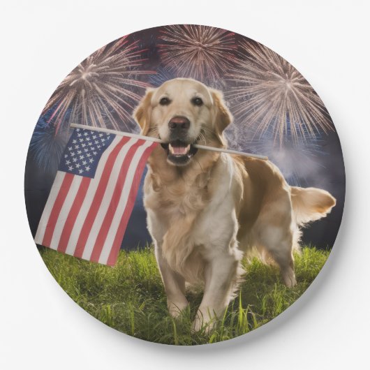 Patriottische Golden Retriever met vuurwerk Papieren Bordje (Voorkant)