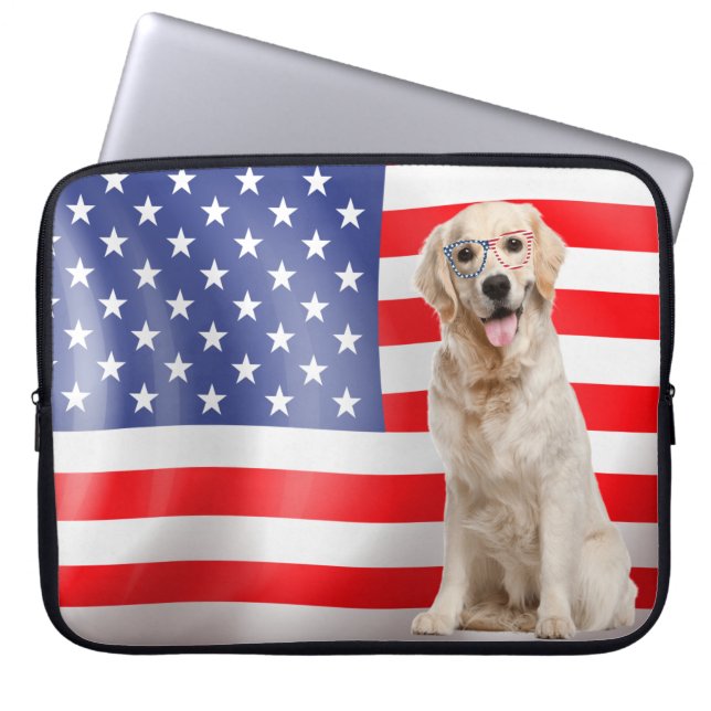 Patriottische Golden Retriever op vlag Laptop Sleeve (Voorkant)