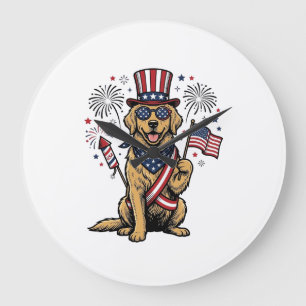 Patriottische Goud Retriever Vuurwerk Vintage T-sh Grote Klok
