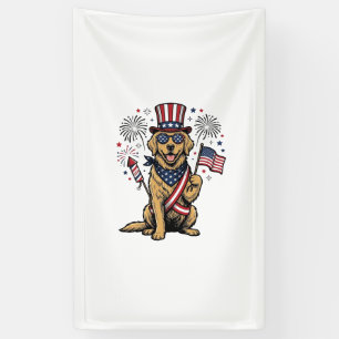 Patriottische Gouden Retriever Vuurwerk Vintage T- Spandoek