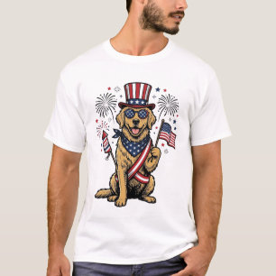Patriottische Gouden Retriever Vuurwerk Vintage T- T-shirt