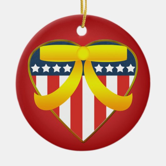 Patriottische hartritmegeel lint rondom het orname keramisch ornament (Voorkant)