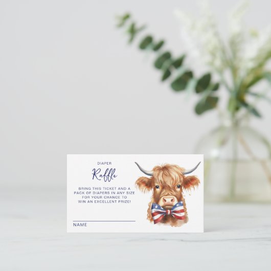 Patriottische Highland Koe Baby shower Luierraffel Informatiekaartje (Staand voorkant)
