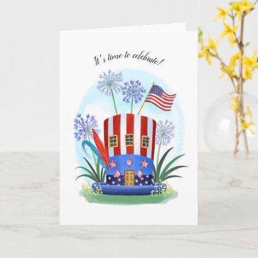 Patriottische hoed met Amerikaanse vlag viering Kaart (Gele Bloem)
