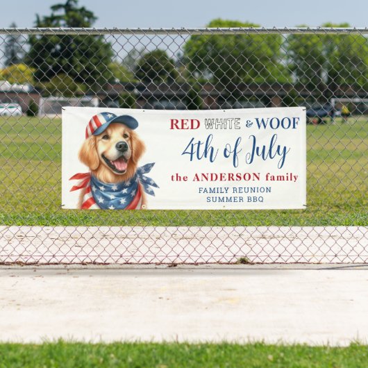 Patriottische hond 4 juli Red White & Woof Party Spandoek (Insitu)