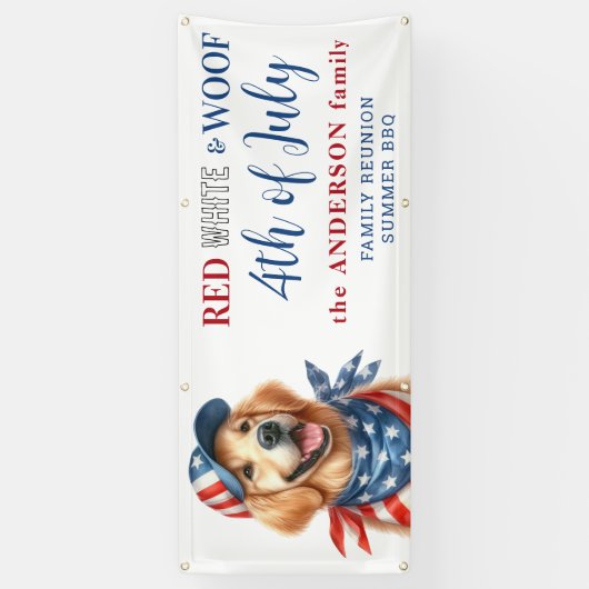 Patriottische hond 4 juli Red White & Woof Party Spandoek (Verticaal)