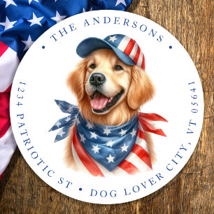 Patriottische hond 4 juli retour adres ronde sticker