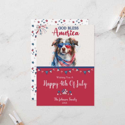 Patriottische hond-Australian Shepherd 4 juli Kaar Kaart (Voorkant / Achterkant in situ)