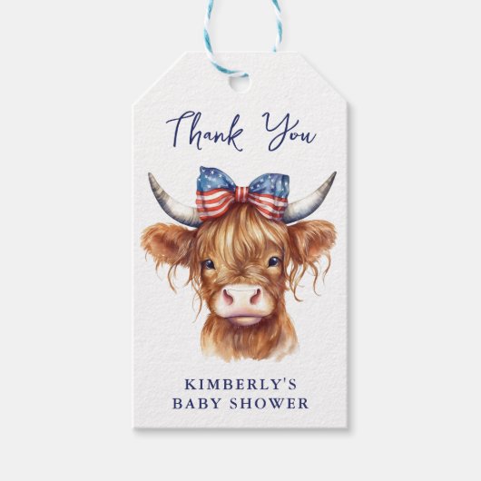 Patriottische Hoogland Koe 4 juli Baby shower Cadeaulabel (Voorkant)