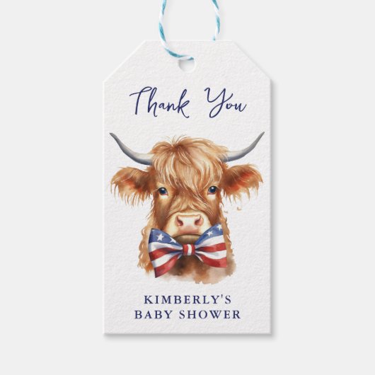 Patriottische Hoogland Koe Boerderij Dierlijk Baby Cadeaulabel (Voorkant)