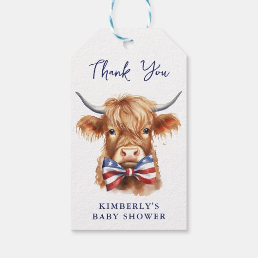 Patriottische Hoogland Koe Boerderij Dierlijk Baby Cadeaulabel (Achterkant)