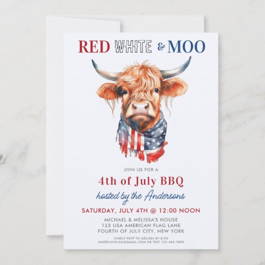 Patriottische Hoogland Koe Rood Wit Moo 4th van ju Kaart (Voorkant)