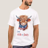 Patriottische Hoogland Koe USA Flag Happy 4th van T-shirt (Voorkant)