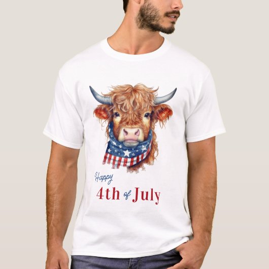 Patriottische Hoogland Koe USA Flag Happy 4th van  T-shirt (Voorkant)