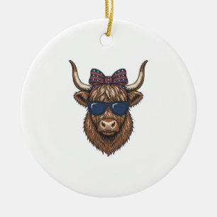 Patriottische Hooglandkoe Vintage Gravure Ontwerp_ Keramisch Ornament