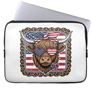 Patriottische Hooglandkoe Vintage Gravure Ontwerp Laptop Sleeve