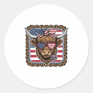 Patriottische Hooglandkoe Vintage Gravure Ontwerp Ronde Sticker