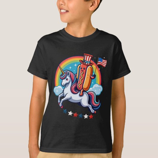 Patriottische Hotdog Riding Unicorn 4th of July Am T-shirt (Voorkant)