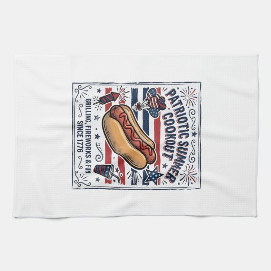 Patriottische Hotdog Vintage BBQ Theedoek (Horizontaal)