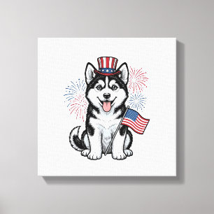 Patriottische Husky Puppy Vintage Gravure Shirt De Canvas Afdruk