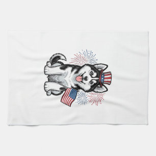 Patriottische Husky Puppy Vintage Gravure Shirt De Theedoek