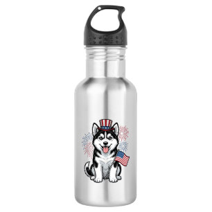 Patriottische Husky Puppy Vintage Gravure Shirt De Waterfles