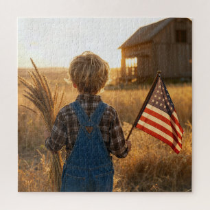 Patriottische jongen met Amerikaanse vlag en tarwe Legpuzzel
