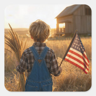 Patriottische jongen met Amerikaanse vlag en tarwe Vierkante Sticker