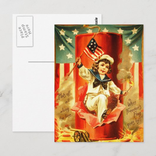 Patriottische jongen vierde juli vuurwerkkaart briefkaart (Voorkant / Achterkant)